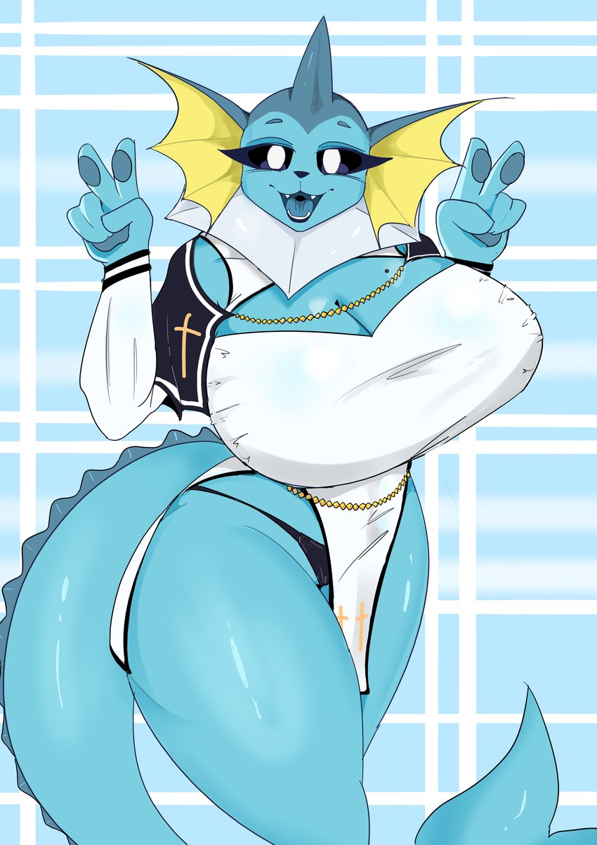 anthro big_breasts blue_body breasts clothed clothing cross female huge_breasts jewelry looking_at_viewer necklace nun_outfit open_mouth pokemorph solo thick_thighs underwear killer._ez nintendo pokemon eeveelution generation_1_pokemon pokemon_(species) vaporeon absurd_res hi_res