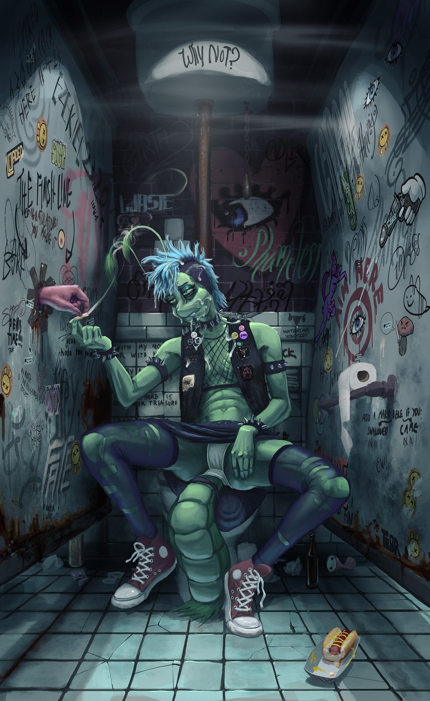 after_sex after_sex_smoking ambiguous_gender antennae_(anatomy) anthro bathroom blue_hair bodily_fluids camel_toe clothed clothing cum cum_on_face detailed_background drugs duo female female_focus fishnet_clothing fishnet_topwear front_view genital_fluids genital_outline glory_hole graffiti green_body hair marijuana panties public_restroom pussy_outline restroom_stall smoking solo_focus spread_legs spreading toilet toilet_paper topwear underwear vest white_clothing white_panties white_underwear chirasul karine_(chirasul) arthropod insect lepidopteran moth mutt_moth 2023 absurd_res full-length_portrait hi_res portrait