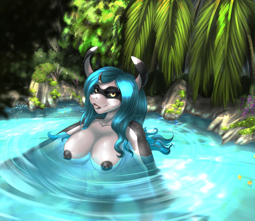 anthro areola black_areola black_nipples black_sclera breasts facial_markings female green_hair hair head_markings looking_at_viewer markings mask_(marking) nature nipples non-mammal_breasts nude partially_submerged plant smile smiling_at_viewer solo spring tree water wet yellow_eyes moltsi the_depths tahnee_(lei-lani) fish manta_ray marine ray_(fish) 2021