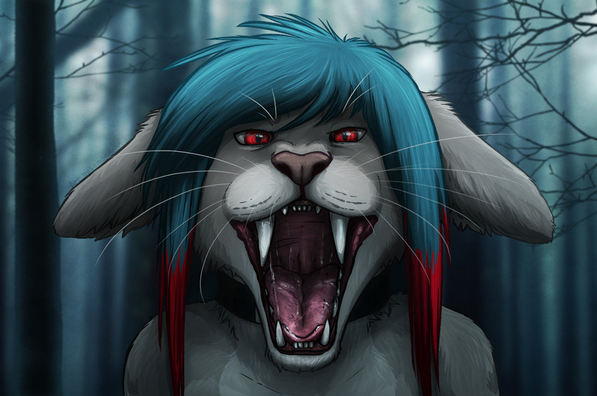 blue_hair bodily_fluids fangs forest forest_background fur grey_body grey_fur hair highlights_(coloring) looking_at_viewer mouth_shot nature nature_background open_mouth plant red_eyes solo teeth tongue tree whiskers lemondeer kirei felid feline mammal digital_media_(artwork)