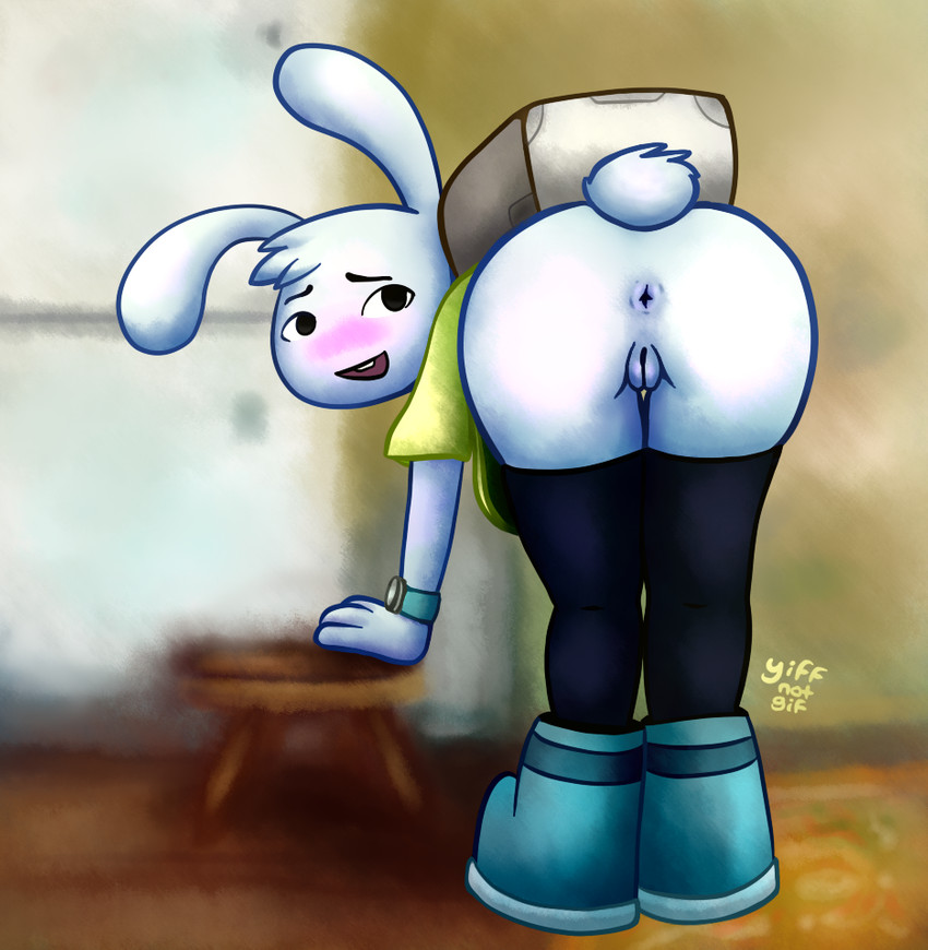 anthro anus bent_over blush boots butt clock clothing embarrassed female footwear genitals legwear pussy shirt shoes solo thigh_highs topwear watch yiffnotgif adventure_time cartoon_network y5_(adventure_time) lagomorph leporid mammal rabbit