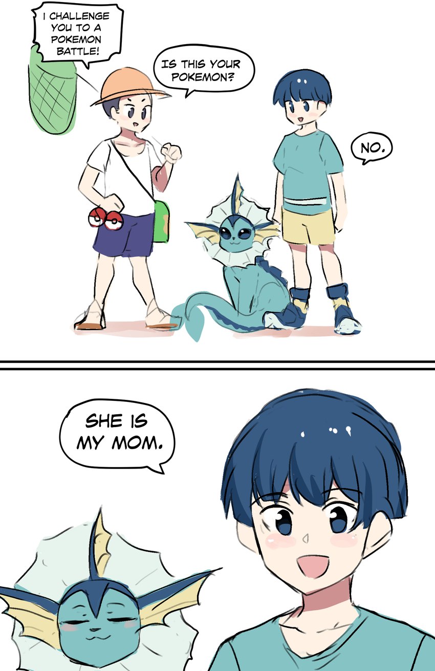 bug catcher, pokemon trainer, and vaporeon's human child (vaporeon copypasta and etc) created by princess hinghoi