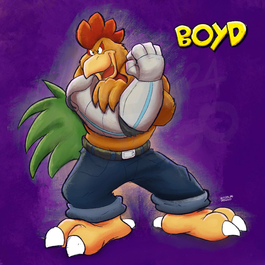 anthro biped bottomwear brown_body clothing male open_mouth pants simple_background solo mezasalvador brok_the_investigator cowcat_games boyd_(brok_the_investigator) avian bird chicken galliform gallus_(genus) phasianid 1:1 2024 absurd_res hi_res