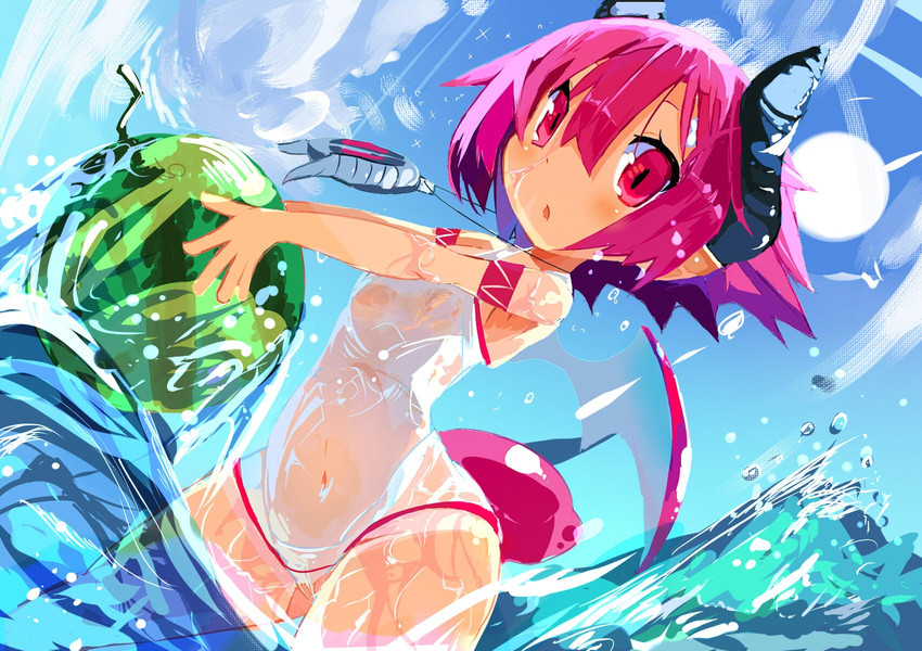 clothed clothing food fruit hair holding_object horn jewelry legs_in_water melon navel necklace not_furry open_mouth partially_submerged pink_eyes pink_hair plant short_stack solo submerged_legs watermelon wings miyakawa106 disgaea nippon_ichi_software raspberyl demon horned_humanoid humanoid hi_res portrait three-quarter_portrait