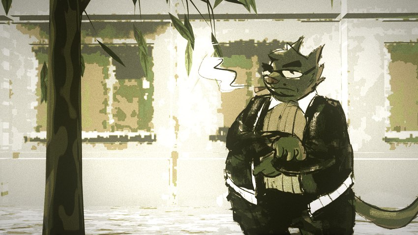 anthro bomber_jacket bottomwear building cigarette clothing eyewear female glasses house jacket monotone_background pants plant shirt smoking smoking_cigarette solo topwear tree vv0ltz domestic_cat felid feline felis mammal 16:9 blender_(artwork) digital_media_(artwork) hi_res krita_(artwork) widescreen