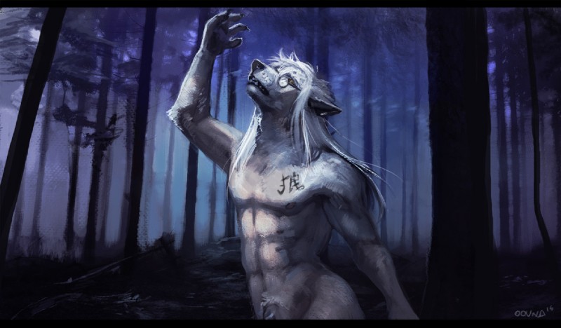 anthro biped black_nose detailed_background eyewear forest front_view fur glasses hair long_hair looking_up male night nude outside plant raised_arm solo standing tattoo teeth tree white_body white_fur white_hair conditional_dnp oouna dariuswhitefur canid canine canis mammal wolf 2015 digital_media_(artwork) digital_painting_(artwork) half-length_portrait letterbox portrait signature