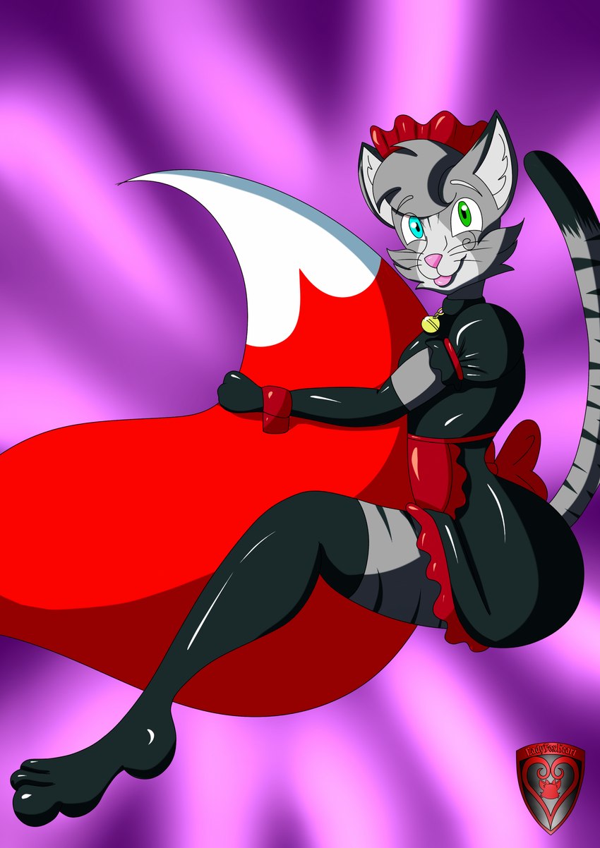 abstract_background anthro apron bell bell_collar black_body black_clothing black_collar black_ear_tips black_fur black_gloves black_handwear black_shirt black_stripes black_tail_tip black_topwear blep blue_eyes clothing collar dipstick_ears dipstick_tail duo ear_markings femboy fur gloves green_eyes grey_body grey_ears grey_fur grey_tail handwear heterochromia inner_ear_fluff logo maid_uniform male markings multicolored_ears pink_nose purple_background red_apron red_body red_clothing red_fur red_tail shirt simple_background smile smiling_at_viewer striped_body striped_fur stripes tail tail_markings tongue tongue_out topwear tuft uniform whiskers white_body white_fur white_inner_ear_fluff white_tail_tip ladyfoxheart sally_foxheart canid canine domestic_cat felid feline felis fox mammal digital_drawing_(artwork) digital_media_(artwork) hi_res herm_(lore)