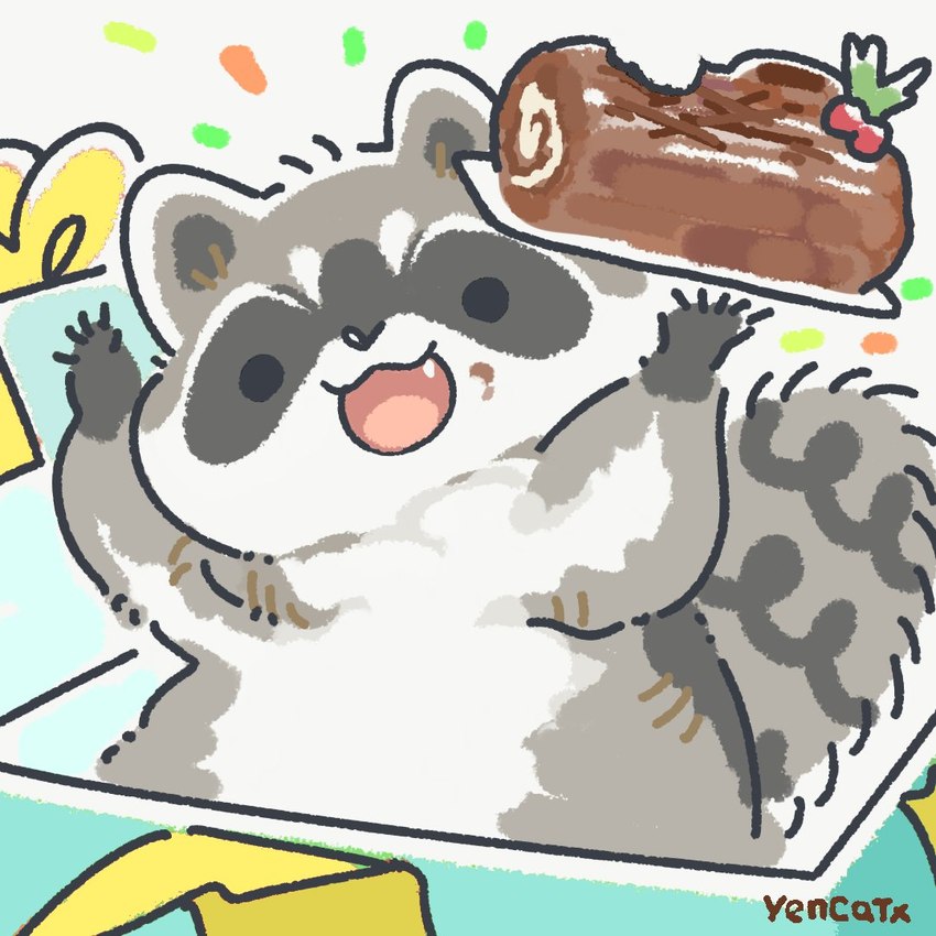 black_eyes black_nose cake chibi cute_fangs dessert dot_eyes fangs feral food grey_body holidays roll_cake simple_eyes solo teeth yule_log yencatx christmas mammal procyonid raccoon 1:1 2021