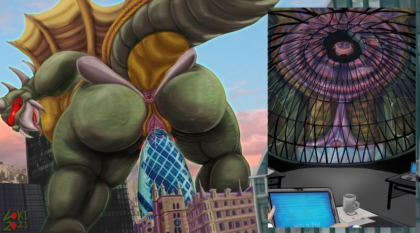 30_st_mary_axe anal anthro anus bodily_fluids building_insertion drooling duo female genital_fluids genitals improvised_dildo improvised_sex_toy landmark london macro mad_scientist pussy saliva spread_anus spreading tail united_kingdom vaginal_fluids lokidragon87 godzilla_(series) toho gigan human kaiju mammal 2021 absurd_res digital_media_(artwork) hi_res