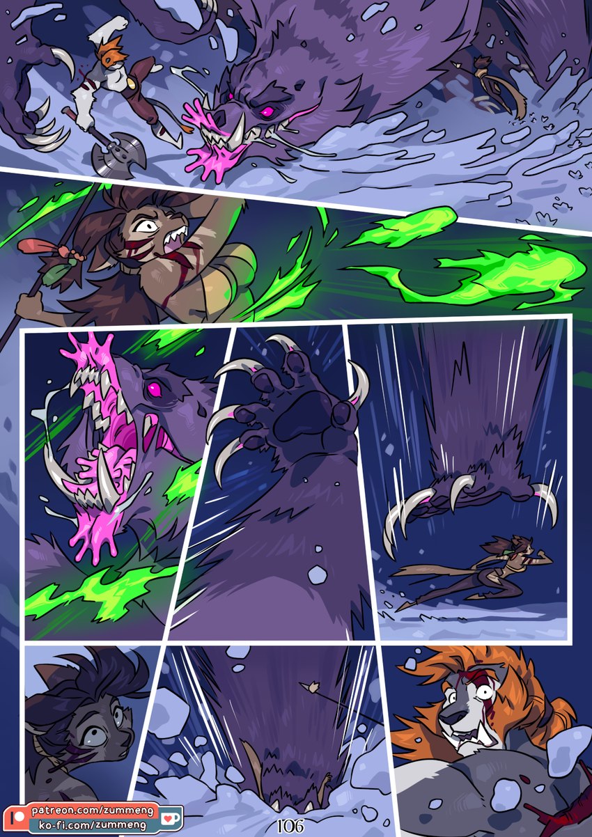 anthro axe barefoot battle_axe big_breasts big_butt blood blood_from_wound bodily_fluids breasts butt claws colored_fire double_axe drooling fangs feet female feral fight fire green_fire group male melee_weapon muscular muscular_anthro muscular_male polearm saliva snow snowstorm spear stomped stomping stomping_viewer teeth thick_thighs trio weapon wide_hips wounded zummeng leopold_(zummeng) miralle bear domestic_cat felid feline felis lion mammal mutants pantherine 2024 colored comic digital_media_(artwork) hi_res