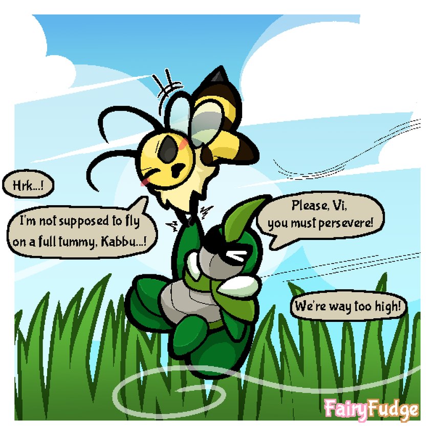 ambiguous_gender annoyed antennae_(anatomy) anthro blush carrying_another dialogue duo flying grass hand_holding looking_at_another neck_tuft one_eye_closed one_eye_obstructed outside plant scared sky speech_bubble text tuft wind wings fairyfudge bug_fables moonsprout_games kabbu_(bug_fables) vi_(bug_fables) arthropod bee beetle hymenopteran insect 1:1 digital_media_(artwork) english_text hi_res signature female_(lore) male_(lore)