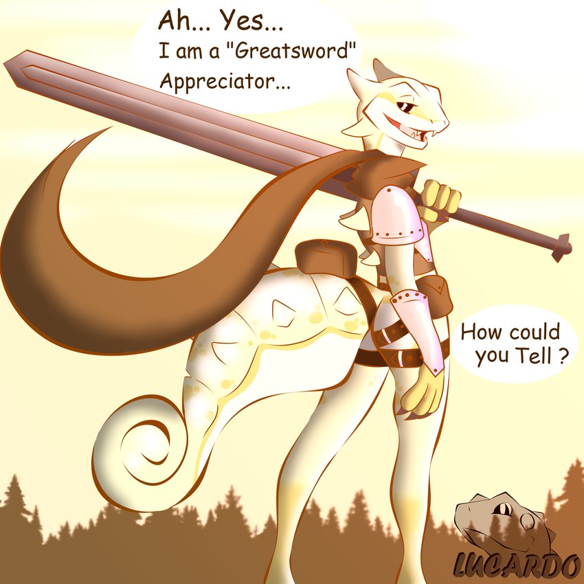 anthro armor forest forest_background greatsword looking_at_viewer male melee_weapon nature nature_background plant scarf solo speech_bubble sword text tree weapon lucardo_cruz lucardo gecko lizard reptile scalie 1:1 absurd_res english_text hi_res