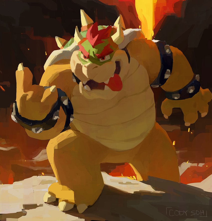 claws gesture hair male red_hair shell solo spiked_shell spikes spikes_(anatomy) tongue tongue_out cody_soh_(artist) mario_bros nintendo bowser koopa scalie