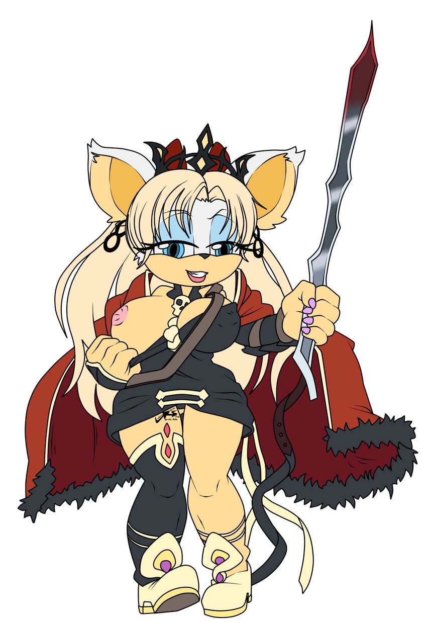 anthro cape clothing colored_nails cosplay crown female fur fur_trimming hair headgear long_hair melee_weapon nails nipple_slip personal_grooming polearm solo spear trimming_(grooming) weapon ojisan_mopy fate_(series) sega sonic_the_hedgehog_(series) type-moon ereshkigal_(fate) rouge_the_bat bat mammal hi_res portuguese_description translated_description