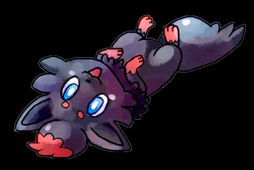 ambiguous_gender black_body black_nose black_tail blue_eyes feral fluffy fluffy_tail lying on_back on_ground open_mouth open_smile paws pupils quadruped red_paws smile solo tail white_pupils flavia-elric nintendo pokemon generation_5_pokemon pokemon_(species) zorua 2015 3:2 alpha_channel digital_media_(artwork)