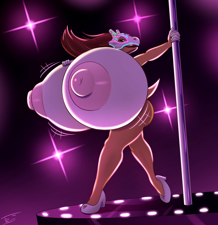 anthro big_breasts breasts brown_body brown_skin clothing dancing female footwear green_eyes high_heels huge_breasts hyper hyper_breasts light pokemorph pole pole_dancing shoes solo stripper_pole tohilewd game_freak nintendo pokemon candy_(badgerben) cubone generation_1_pokemon pokemon_(species) absurd_res colored digital_drawing_(artwork) digital_media_(artwork) hi_res