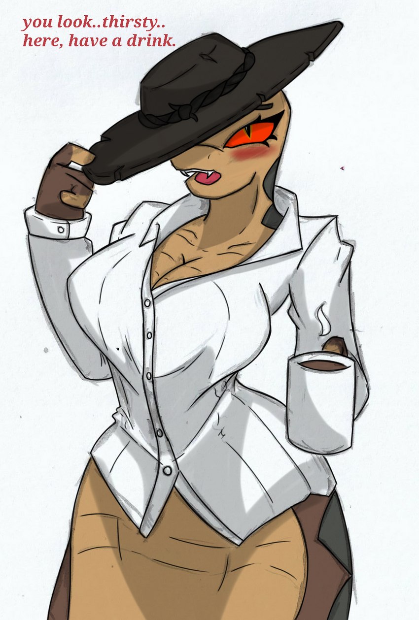 anthro apode beverage big_breasts blush bottomless breasts cleavage clothed clothing container cowboy_hat crossgender cup dialogue dress_shirt female fingerless_gloves front_view glass glass_container gloves handwear hat hat_over_eye headgear headwear holding_beverage holding_container holding_cup holding_mug holding_object legless looking_at_viewer mtf_crossgender mug offering_beverage serpentine shirt simple_background small_waist solo steam talking_to_viewer tipping_hat topwear white_background wide_hips pace-maker rango_(movie) fan_character rattlesnake_jake draconcopode naga pit_viper rattlesnake reptile scalie snake viper hi_res