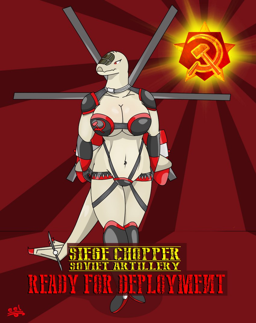 aircraft anthro armor big_breasts blade boots bracers breastplate breasts clothing collar crotch_plate engine female footwear helicopter huge_breasts hyper hyper_breasts leather leather_strap logo machine navel navel_piercing navel_ring not_furry piercing pupils red_eyes ring_piercing russian shoes shoulder_pads simple_background solo soviet_union standing straps text thick_thighs unconvincing_armor vehicle eel_(artist) command_and_conquer electronic_arts red_alert_(series) red_alert_2 yuri's_revenge aircraft_humanoid living_aircraft living_helicopter living_machine living_vehicle 2021 digital_media_(artwork) english_text hi_res