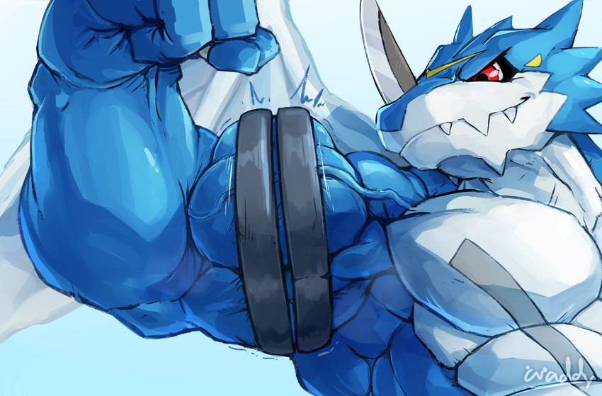 anthro belt biceps big_biceps big_muscles flexing flexing_bicep male muscular muscular_male pecs solo vein veiny_muscles waddledox bandai_namco digimon digimon_(species) exveemon hi_res