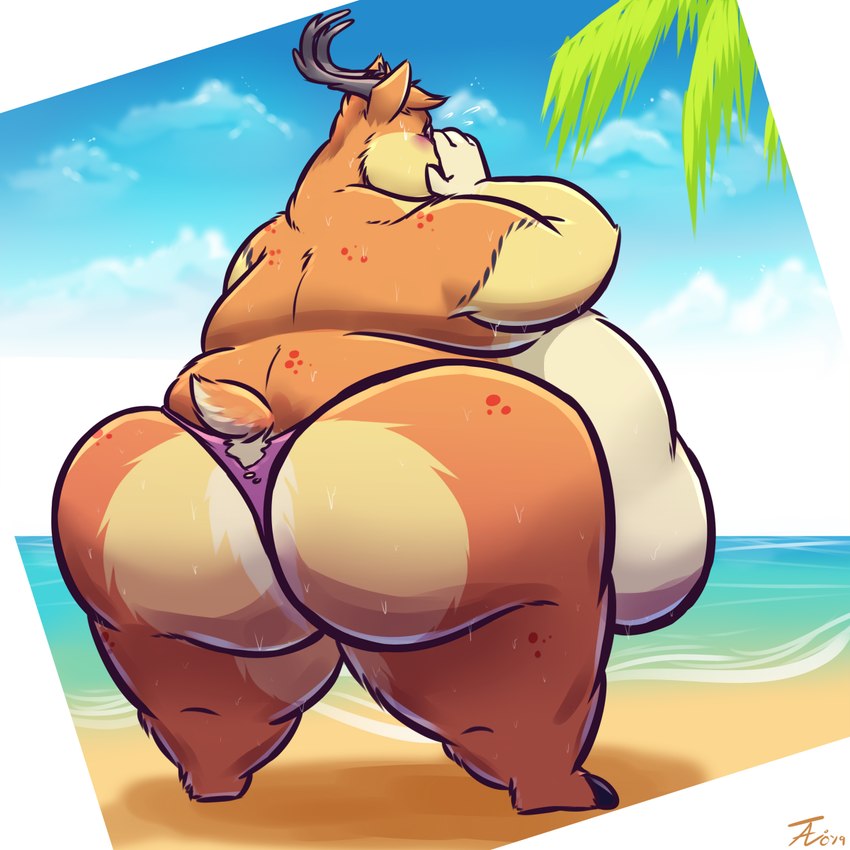 anthro antlers beach belly big_belly big_butt biped butt clothed clothing cloud day embarrassed fur hooves horn huge_butt male morbidly_obese morbidly_obese_anthro obese obese_anthro obese_male orange_body orange_fur outside overweight overweight_anthro overweight_male palm_tree plant rear_view sea sky solo standing tail thick_thighs torn_clothing torn_underwear tree underwear underwear_only water wet wet_body wet_fur wide_hips tanio ray_the_buck deer mammal 1:1 2019 digital_drawing_(artwork) digital_media_(artwork) hi_res signature