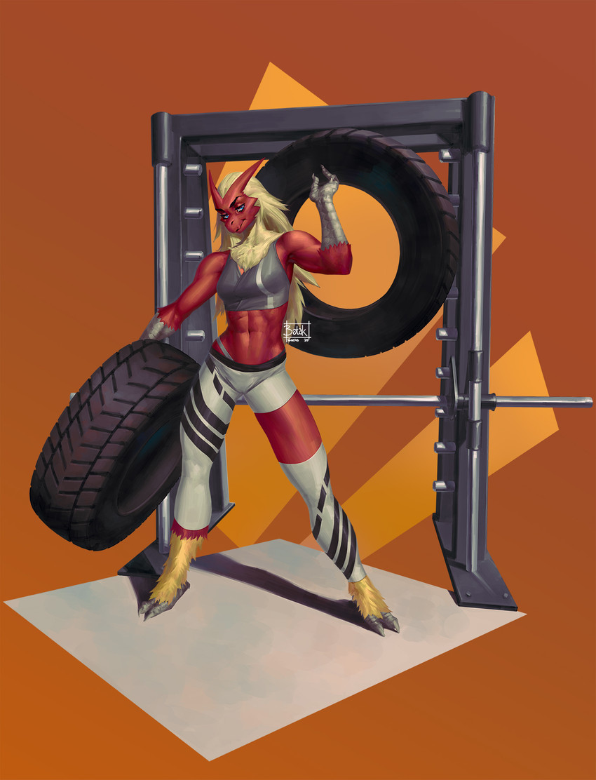 abs anthro blonde_hair blue_eyes bottomwear bra breasts clothing female hair holding_object muscular muscular_anthro muscular_female navel pants red_body simple_background smile solo sports_bra standing tire underwear botak nintendo pokemon carmen_(boolean) blaziken generation_3_pokemon pokemon_(species) 2020 hi_res