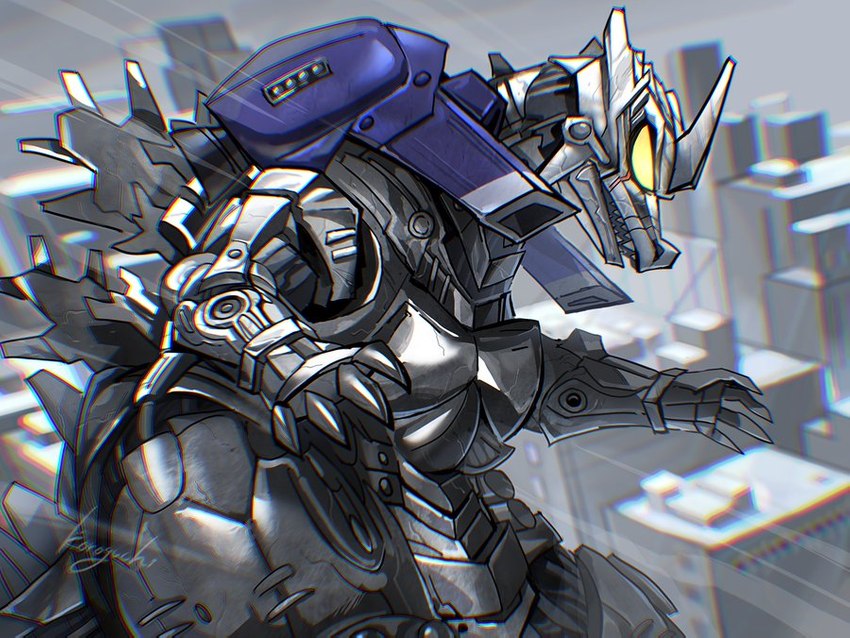 ambiguous_gender armor detailed_background fangs machine mecha metallic_body no_pupils not_furry railgun ranged_weapon solo teeth weapon wire yellow_eyes koroguchi godzilla_(series) toho mechagodzilla kaiju monster robot 4:3