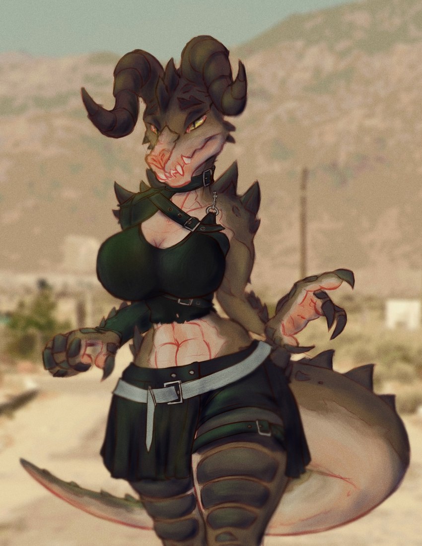 anthro belt black_clothing bottomwear breasts claws cleavage clothed clothing desert desert_background exposure_variation fangs female horn looking_at_viewer skirt smile solo tail teeth thick_tail thigh_up wasteland yellow_eyes victordantes fallout microsoft deathclaw scalie hi_res