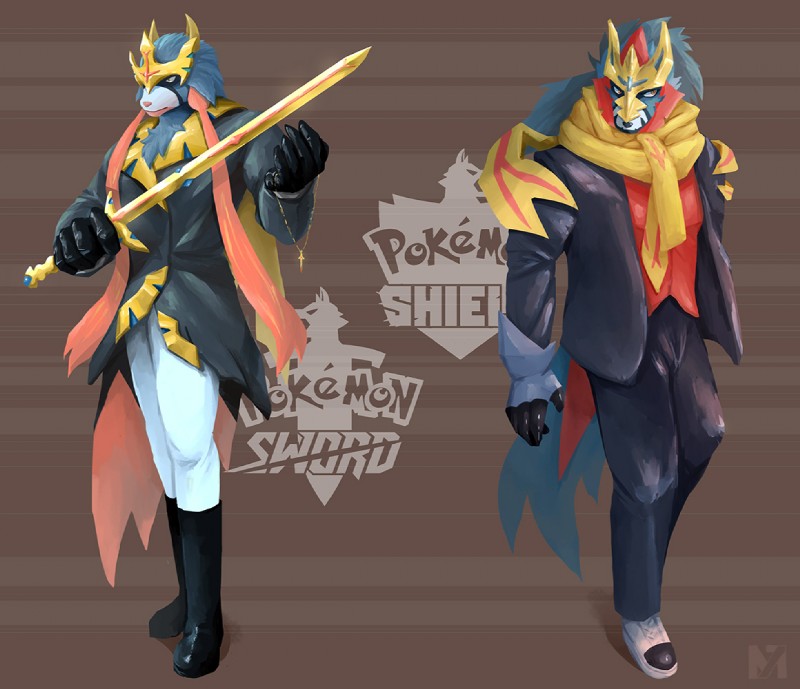 anthro anthrofied blue_body blue_fur boots bottomwear clothed clothing duo footwear fur male melee_weapon red_body red_fur scarf shoes sword topwear weapon m7 nintendo pokemon canid canine crowned_shield_zamazenta crowned_sword_zacian generation_8_pokemon legendary_pokemon mammal pokemon_(species) zacian zamazenta 2019