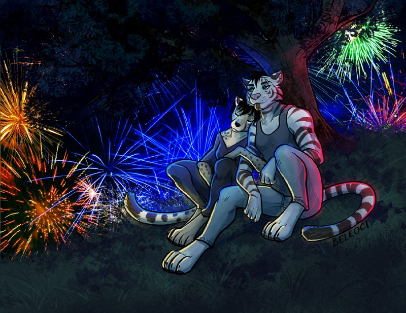 anthro clothed clothing duo female fireworks green_eyes male plant scar sitting sleeping stripes tree beleoci edron_(mr-yiffy) eva_(mr-yiffy) cheetah felid feline mammal pantherine tiger