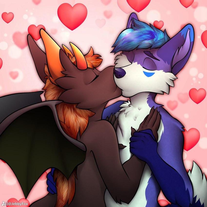 anthro blue_body blue_fur chest_fur dipstick_tail duo eyes_closed fur hair happy heart_symbol horn kiss_on_lips kissing love love_handles male male/male markings membrane_(anatomy) membranous_wings purple_body purple_fur tail tail_markings white_body white_fur wings jebbthefoxy mythology itsflamb_(character) canid canine canis dragon mammal mythological_creature mythological_scalie scalie wolf 1:1 hi_res