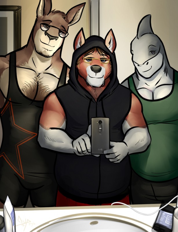 anthro bathroom biceps cellphone clothed clothing detailed_background electronics eyewear facial_hair fur glasses group groupie hair hoodie lg_sunset looking_at_mirror looking_at_object male mirror muscular pecs phone reflection selfie shirt smile standing tank_top topwear underwear wrestling_singlet bgn lg luxordtimet david_stark ozzy_fitch timet canid canine canis fish kangaroo macropod mammal marine marsupial shark wolf david_(disambiguation) digital_media_(artwork) hi_res