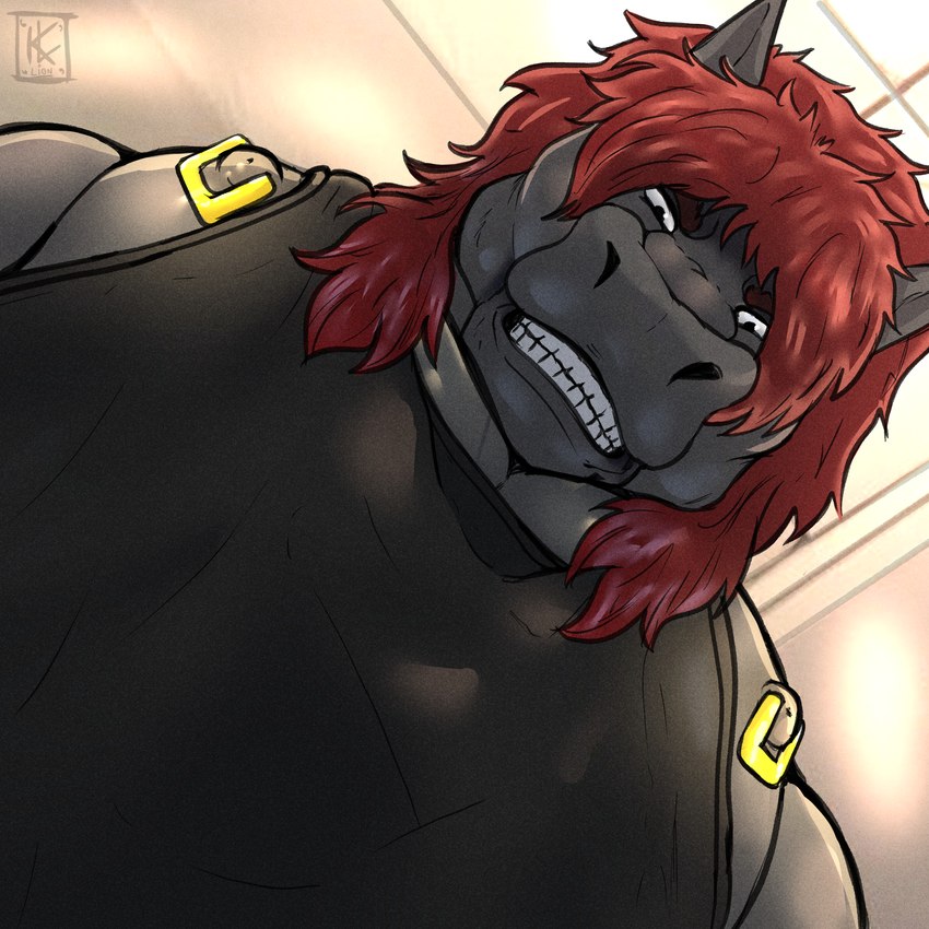 anthro areola barazoku big_areola big_muscles big_nipples big_pecs black_body black_fur black_nipples clothed clothing fur gold_(metal) gold_nipple_piercing hair looking_at_viewer looking_down looking_down_at_viewer low-angle_view male mane manly markings muscular muscular_anthro muscular_male nipple_piercing nipples pecs piercing red_hair red_mane shirt solo tank_top topwear worm's-eye_view kirlanlion rekhit equid equine horse mammal 1:1 absurd_res hi_res