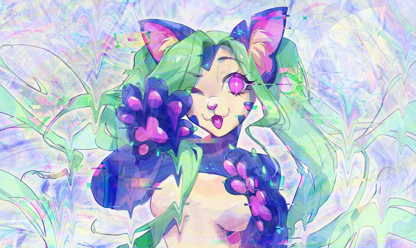 anthro blue_body breasts distortion female fur glitch green_body green_fur heart_symbol inner_ear_fluff looking_at_viewer machine multicolored_body multicolored_fur one_eye_closed open_mouth pawpads pink_eyes pink_pawpads small_breasts solo tan_body tuft wink q0wee k4t3_ar1a android felid feline mammal robot colorful_theme cool_colors hi_res