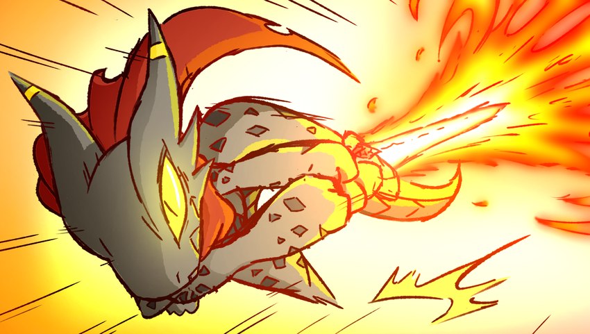 ambiguous_gender anthro cape clothing fire grey_body holding_melee_weapon holding_object holding_sword holding_weapon melee_weapon motion_lines mouth_closed pose pupils slit_pupils solo sword weapon yellow_sclera rakkuguy coal_(rakkuguy) kobold scalie 2025 digital_media_(artwork) hi_res female_(lore)