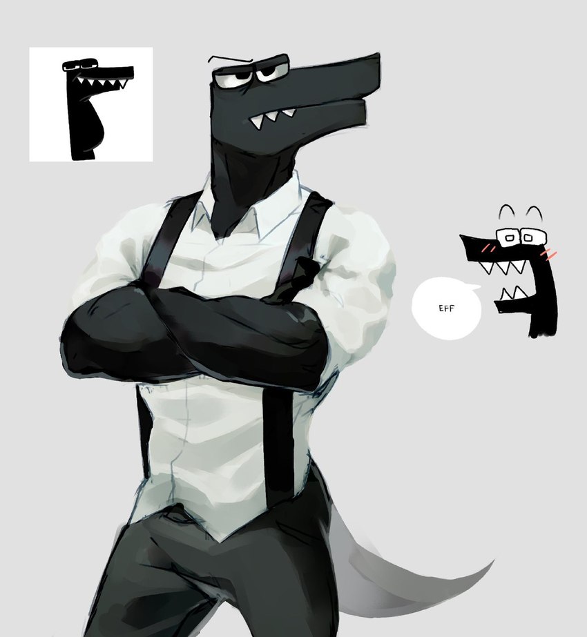 anthro black_body clothing crossed_arms dress_shirt eyebrows letter male overalls pokemon_speak sharp_teeth shirt solo speech_bubble teeth text topwear akarugon alphabet_(mike_salcedo) f_(mike_salcedo) scalie hi_res reference_image