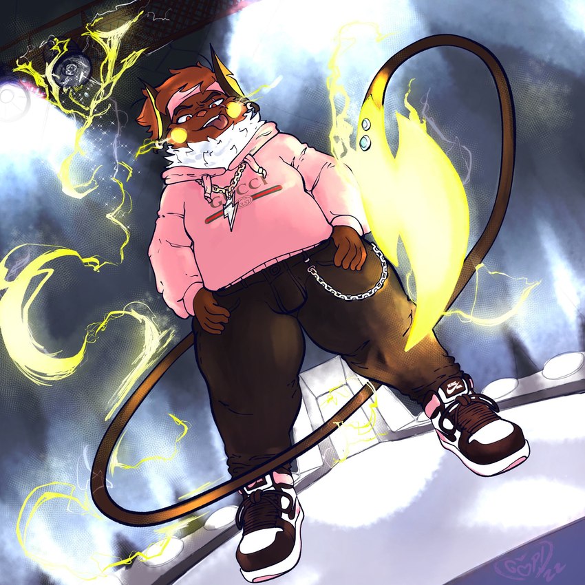 anthro bottomwear chain chain_jewelry chain_necklace clothing confident electricity electrogenesis footwear glowing glowing_tail jewelry long_tail male necklace pants shoes sneakers solo sweater tail tongue tongue_out topwear goopdraw gucci jordan_(brand) nike nintendo pokemon rokan_(rokanartz) generation_1_pokemon pokemon_(species) raichu 1:1 hi_res