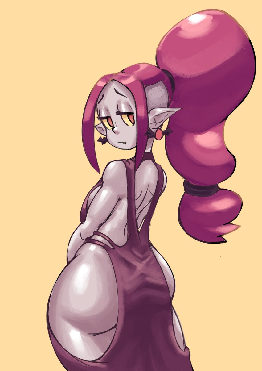 big_butt breasts butt clothing dress ear_piercing eyelashes female grey_body grey_skin hair huge_butt humanoid_pointy_ears looking_back orange_background piercing pink_hair pointy_ears ponytail purple_clothing purple_dress rear_view red_eyes simple_background solo thick_thighs wide_hips yellow_sclera donutnaz school_for_vampires gruftine humanoid vampire absurd_res hi_res