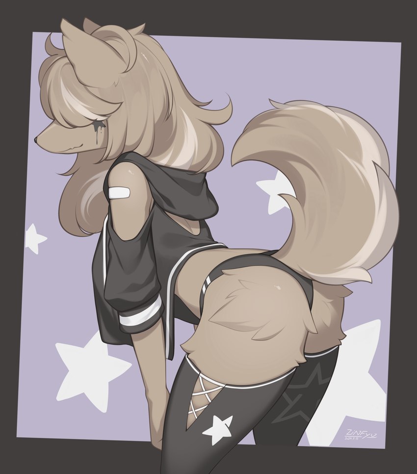 anthro band-aid bandage bent_over breasts butt clothed clothing female fur grey_body grey_fur grey_hair hair obscured_eyes panties pantsless raised_tail side_view simple_background solo tail topwear underwear zinfyu canid canine canis domestic_dog mammal 2024 absurd_res hi_res