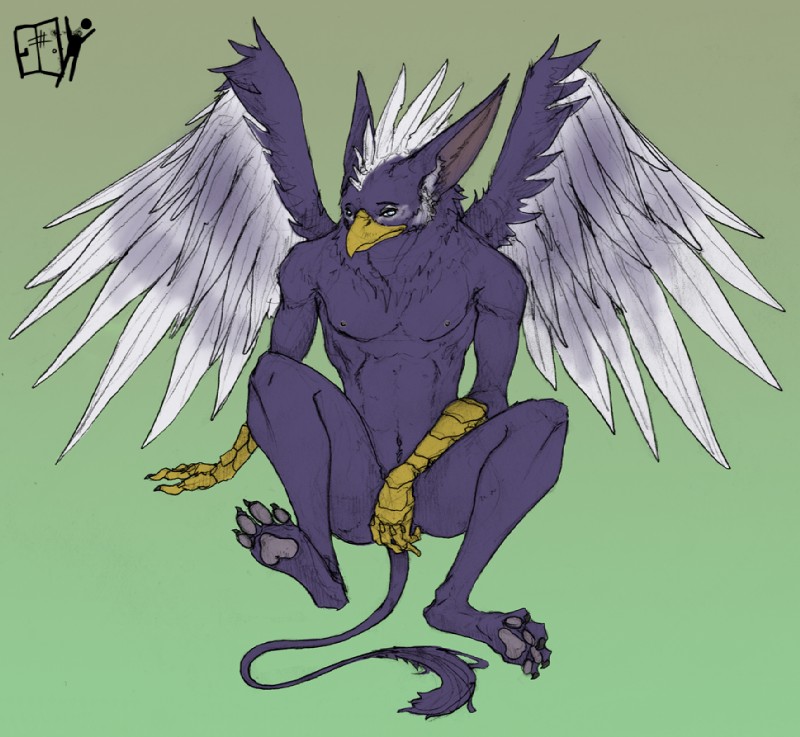 4_toes abs anthro beak biceps biped covering covering_self digitigrade feathered_wings feathers feet front_view gradient_background male muscular muscular_anthro muscular_male nipples nude paws pecs pose purple_body purple_feathers simple_background sitting solo spread_wings tail talons toes white_body white_feathers wings lethal_doors mythology vertigo_(character) avian bird gryphon mythological_avian mythological_creature 2013