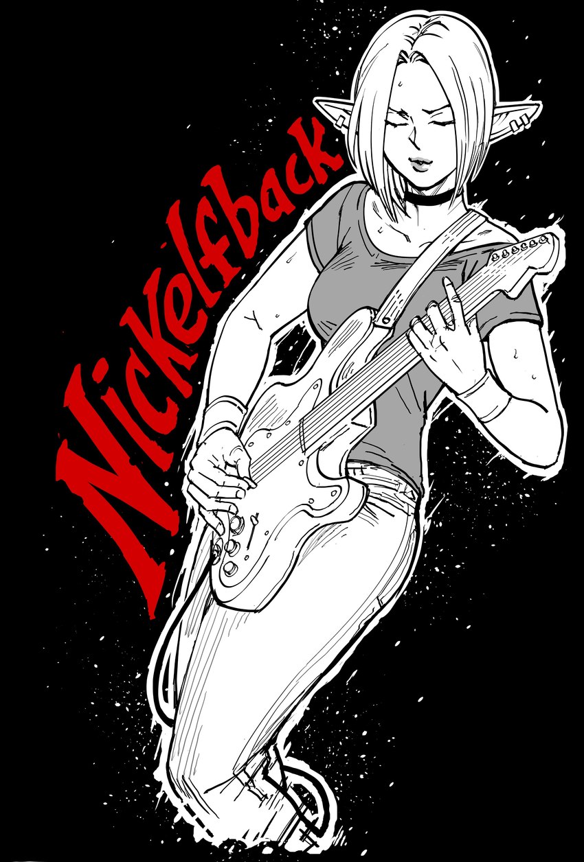 5_fingers anthro biped bottomwear clothed clothing electric_guitar eyebrows eyes_closed female fingers guitar hair humanoid_pointy_ears musical_instrument not_furry pants playing_guitar playing_music plucked_string_instrument pointy_ears shirt solo string_instrument text topwear baalbuddy nickelback elf humanoid absurd_res hi_res