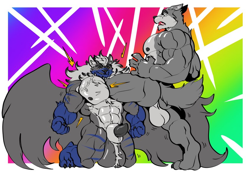 absorption_vore animal_genitalia animal_penis anthro anthro_pred ball_tuft big_muscles big_pecs canine_genitalia canine_penis digestion duo fur genitals growth male male/male multicolored_body multicolored_fur muscle_growth muscular muscular_anthro muscular_male nipples nude pecs pectoral_vore penis penis_tip sheath stripes tuft vein vore wings trencalos flickrtail canid canine canis hybrid mammal absurd_res hi_res