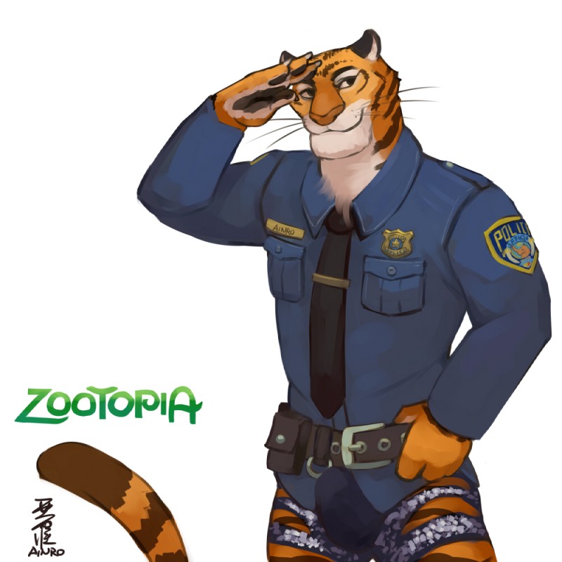 anthro badge belt biped black_eyes bottomwear bulge clothed clothing fur male name_tag orange_body orange_fur police police_officer police_uniform shorts simple_background smile solo standing striped_body striped_fur stripes text uniform white_background zootopia_shorts ainro disney zootopia officer_jackson felid mammal pantherine tiger 1:1 2016 digital_media_(artwork) signature