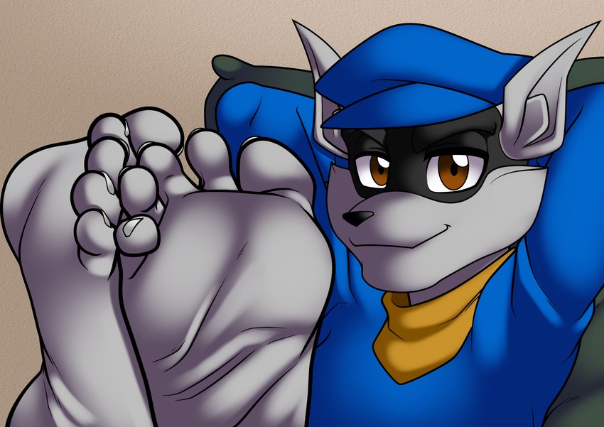 5_toes anthro barefoot blue_clothing blue_hat blue_headwear brown_eyes clothing feet foot_fetish foot_focus hat headgear headwear humanoid_feet male plantigrade soles solo toes wrinkled_feet wrinkles cyborg-steve sly_cooper_(series) sony_corporation sony_interactive_entertainment sucker_punch_productions sly_cooper human mammal procyonid raccoon hi_res