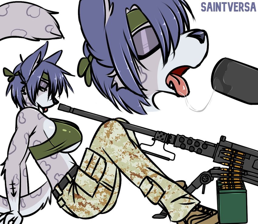 anthro bodily_fluids boots bottomwear bra breasts clothed clothing eyeshadow female footwear gun gun_safety_fail machine_gun makeup male open_mouth pants ranged_weapon saliva saliva_string shoes simple_background sitting solo underwear weapon white_background saintversa