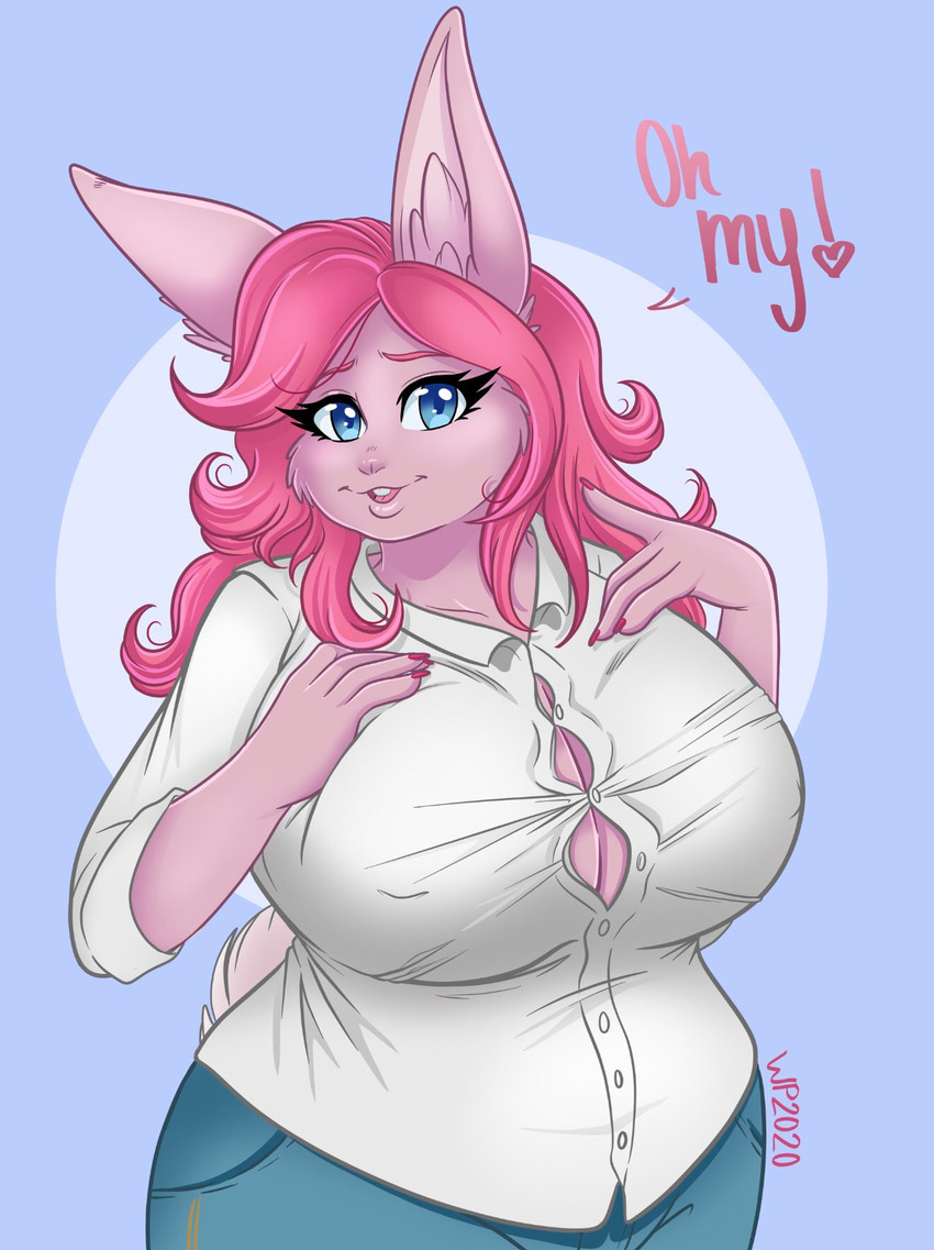 anthro big_breasts blue_eyes breasts clothed clothing female fur hair huge_breasts nipple_outline pink_body pink_fur pink_hair shirt solo topwear catsmeow lagomorph leporid mammal rabbit hi_res