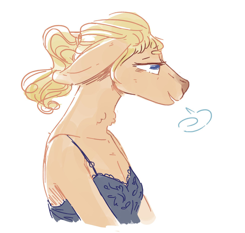 anthro blonde_hair blue_eyes breasts breath cleavage clothed clothing female hair neck_tuft ponytail shirt simple_background solo tank_top topwear tuft white_background uzon basha_(uzon) deer mammal 2019 hi_res