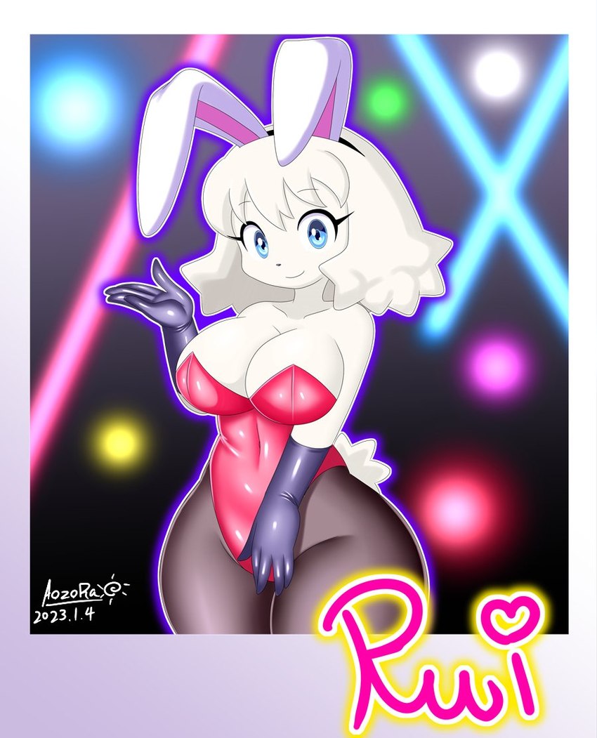 abstract_background anthro armwear big_breasts blue_eyes breasts bunny_costume cleavage clothed clothing costume elbow_gloves fake_ears fake_rabbit_ears female fur gloves glowstick hair handwear heart_symbol kemono legwear leotard light_show party playboy_bunny polaroid_photo rave smile solo stockings text white_body white_fur white_hair wide_hips aozora_(tasogare_aozora) new_year_2023 odd_taxi rui_nikaido_(odd_taxi) canid canine canis domestic_dog mammal poodle 2023