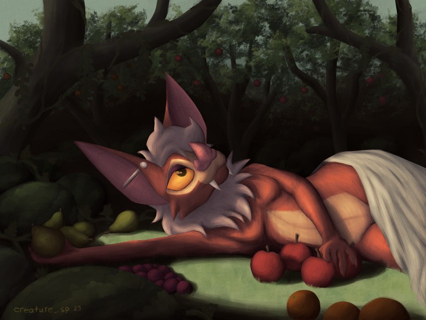 anthro apple bedding biped blanket ear_piercing fangs food forest fruit fur grape grass grey_hair hair holding_object industrial_piercing lying male melon neck_tuft nude on_side orange_eyes piercing plant red_body red_fur solo teeth tree tuft vines watermelon creature_sp rezzybat bat mammal 4:3 absurd_res hi_res shaded signature