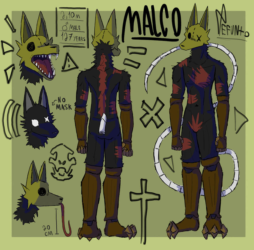 anthro black_body black_fur fur male mask nude scar solo tasteful_nudity text defunto malco canid canine canis mammal undead wolf absurd_res english_text hi_res model_sheet