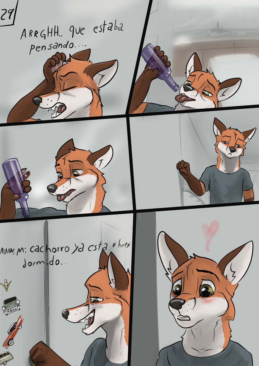 anthro brown_eyes drinking drunk embarrassed empty_bottle holding_object kitchen male male_anthro solo substance_intoxication surprised_expression text wine_bottle wolfyalex96 canid canine fox mammal hi_res spanish_text translated father_(lore) parent_(lore)